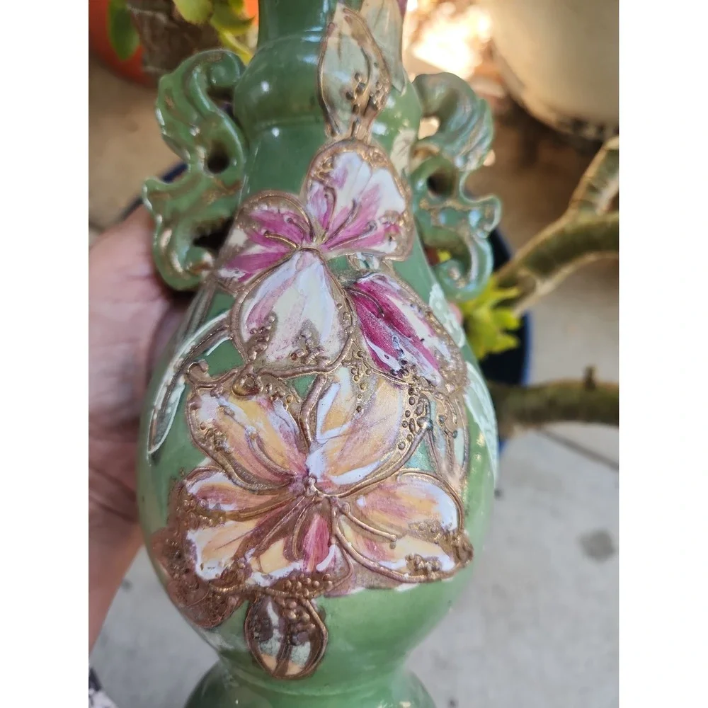 Vtg Japanese Moriage Satsuma Vase Double Handle Green Pink Floral Gold Guilt 10